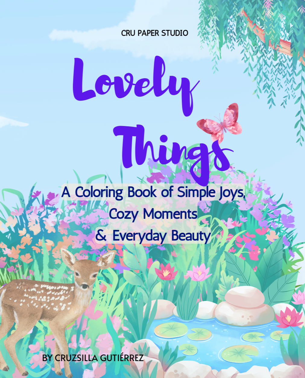 Book cover titled 'Lovely Things' with a nature scene including a fawn, water lilies, flowers, a butterfly, and greenery.