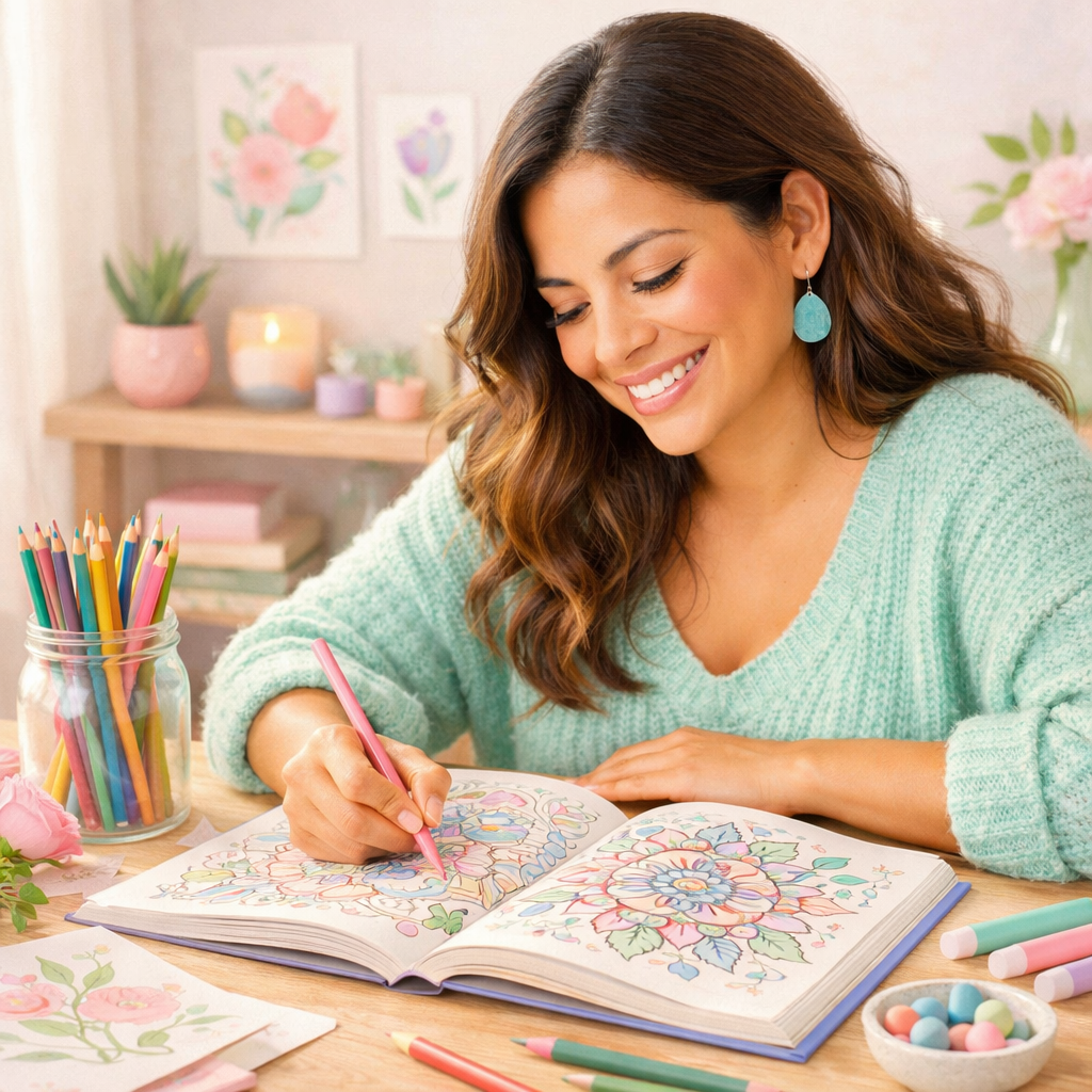 A woman coloring floral illustrations in a coloring book at a desk, surrounded by colored pencils, markers, and paint supplies in a cozy, decorated room.