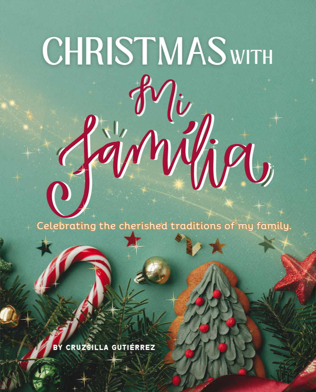 Book cover titled 'Christmas with Mi Familia' by Cruzsilla Gutiérrez featuring Christmas ornaments, a candy cane, a decorated cookie, and Christmas greenery on a green background.