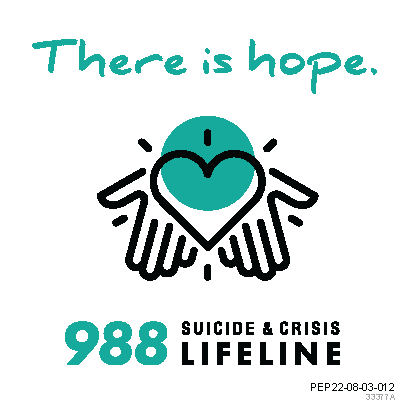 A graphic with the message 'There is hope,' a heart and hands illustration, and text promoting the 988 Suicide & Crisis Lifeline.