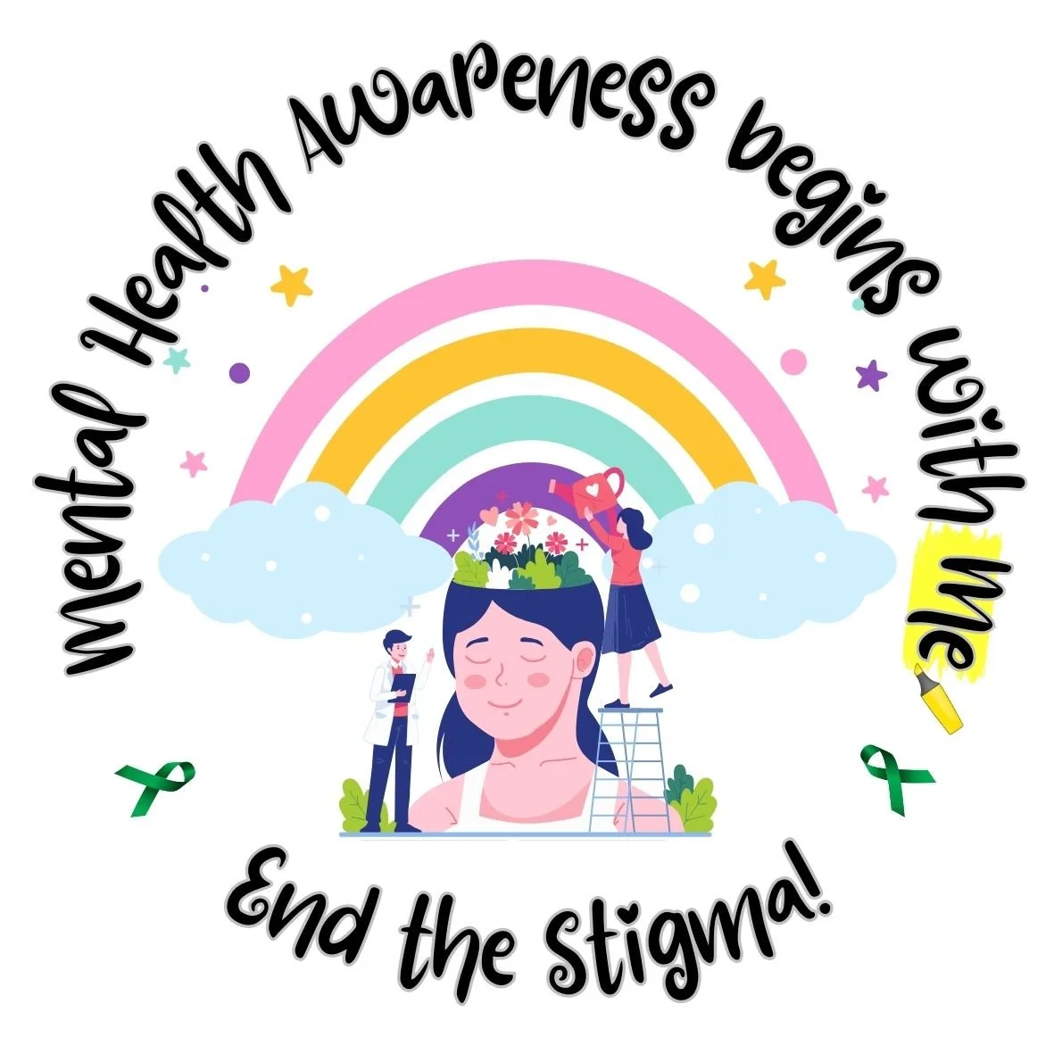 Illustration promoting heart awareness with a woman with an open head filled with flowers, a rainbow, small medical professionals, and a green awareness ribbon, with the text "Winding Heart Awareness begins with me and the stigma!"