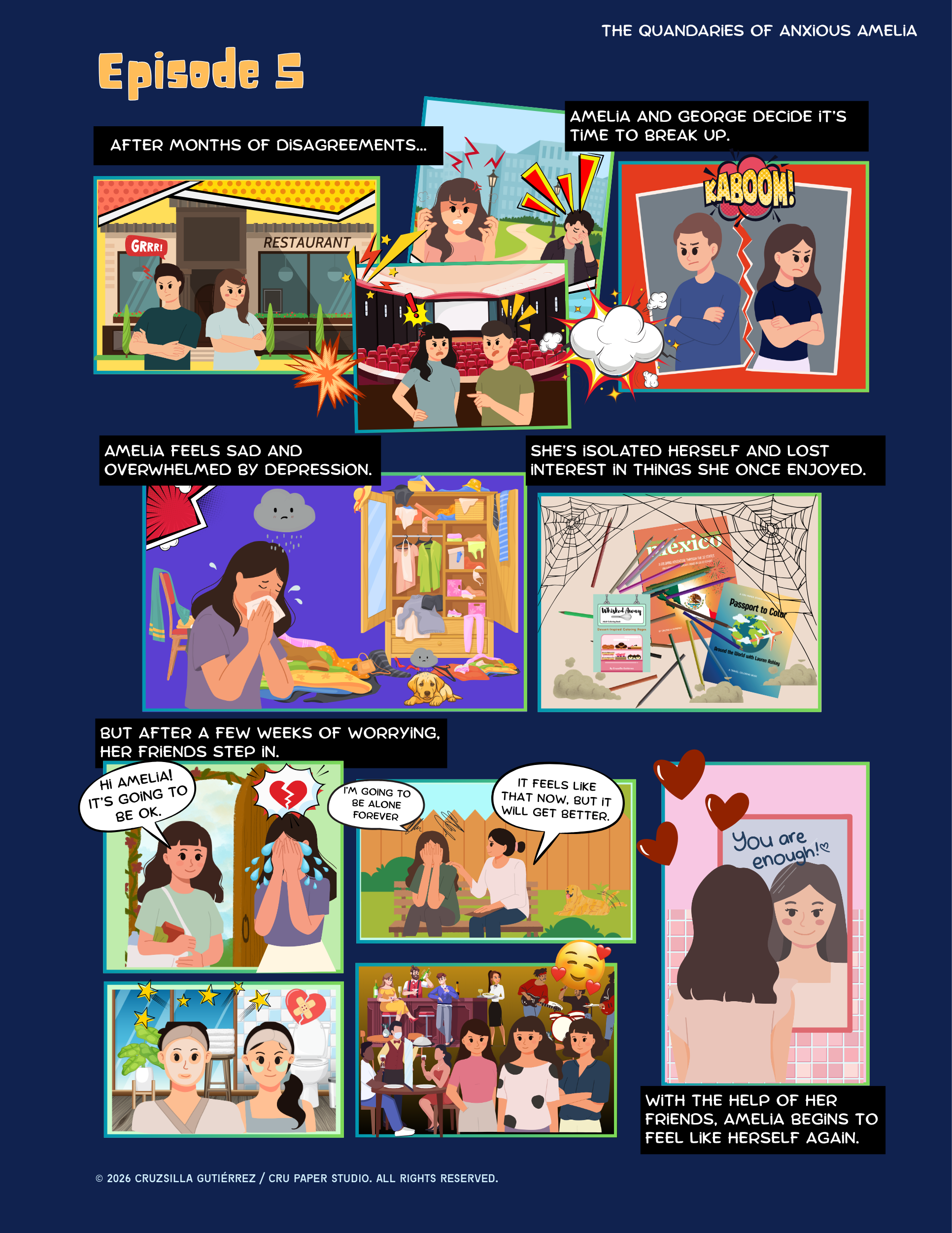 Comic strip depicting a girl named Amelia overcoming depression after a breakup. Initially, she is upset and isolated in her room, feeling sad and overwhelmed. Friends step in to support her, helping her feel better and regain herself.
