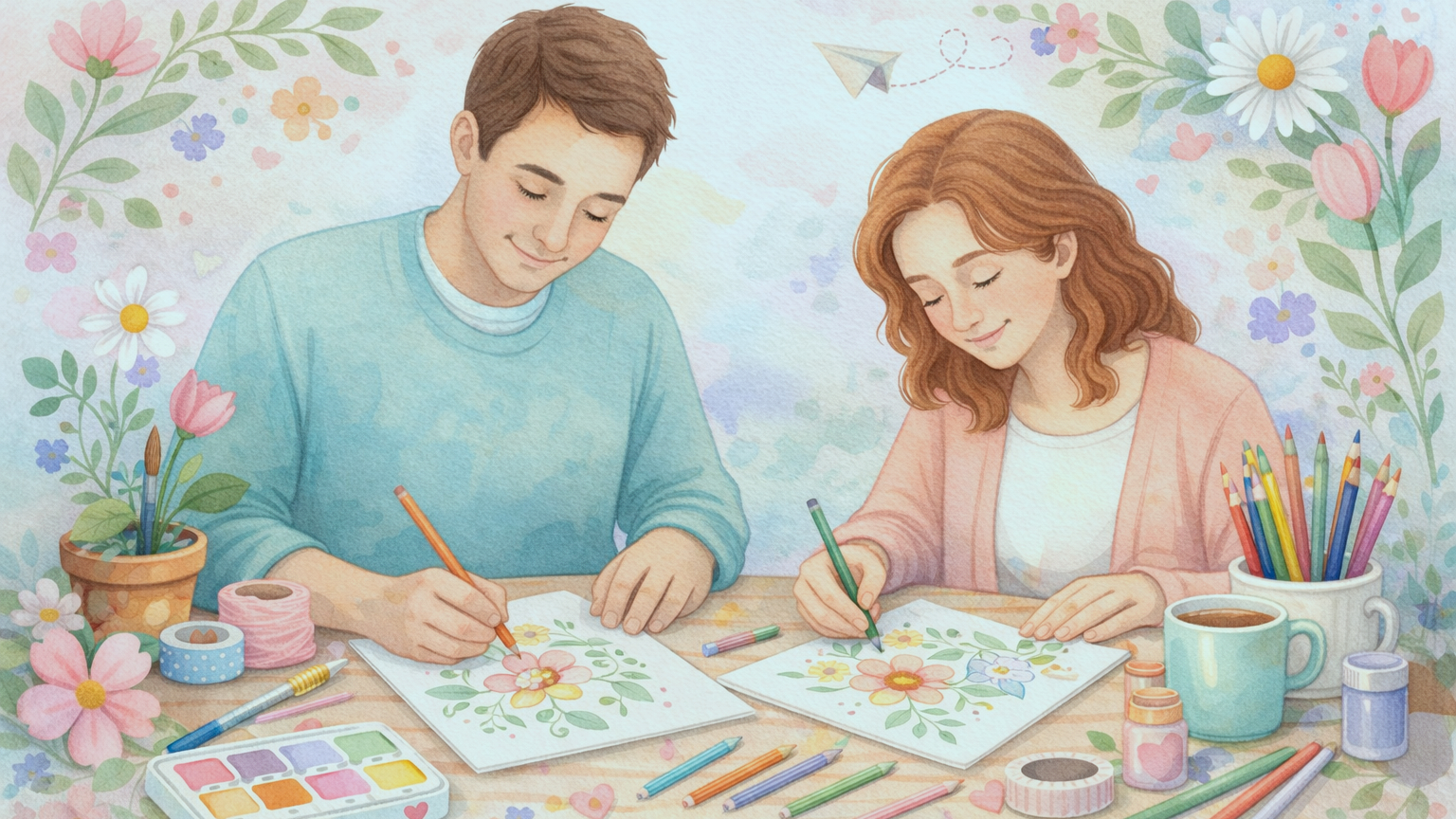 A boy and girl are seated at a table, coloring floral designs with colored pencils. The table is decorated with plants, ribbons, paints, and a cup of coffee. They are surrounded by a floral and whimsical background.