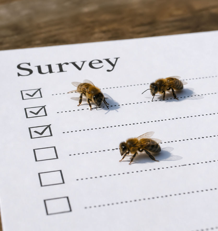 A survey sheet with three honeybees on it, sitting on checkboxes and dotted lines.