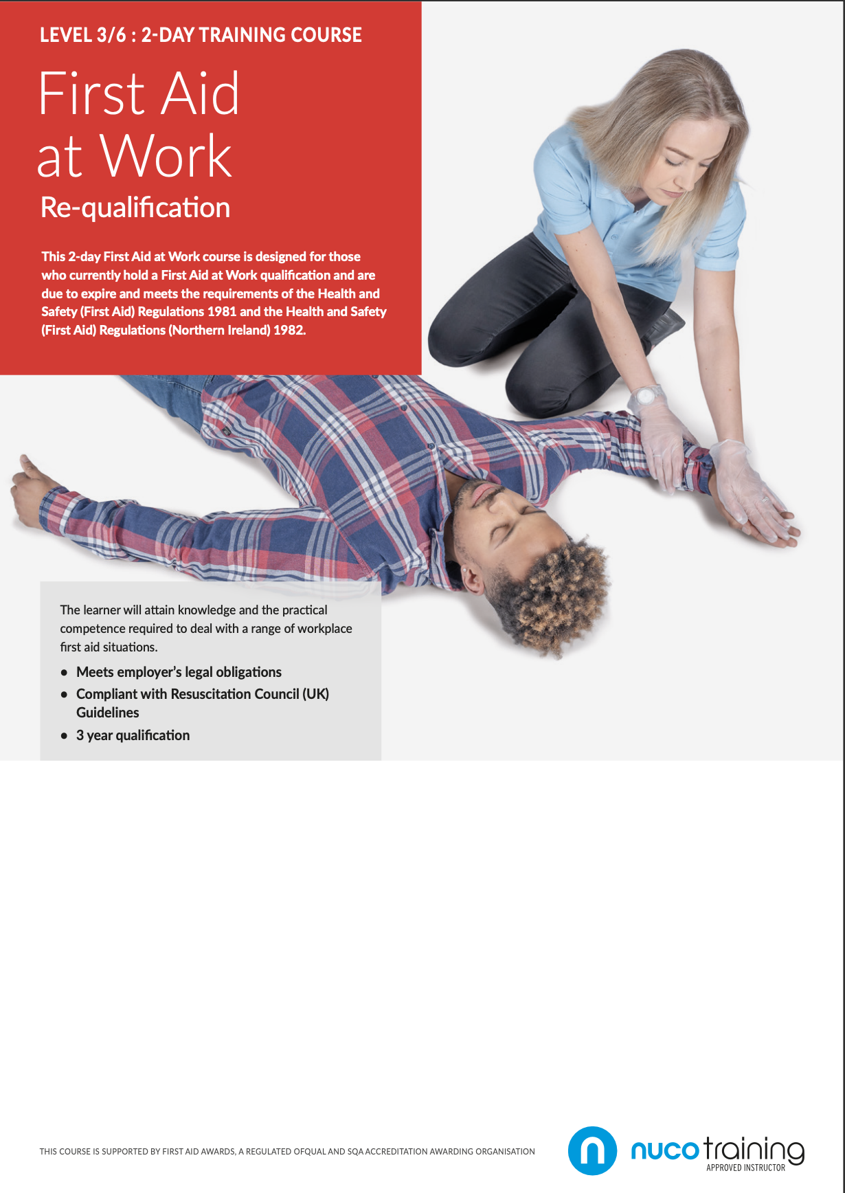 A woman providing CPR training to a man lying on the floor. The text indicates this is a First Aid at Work course, part of a 2-day training program.