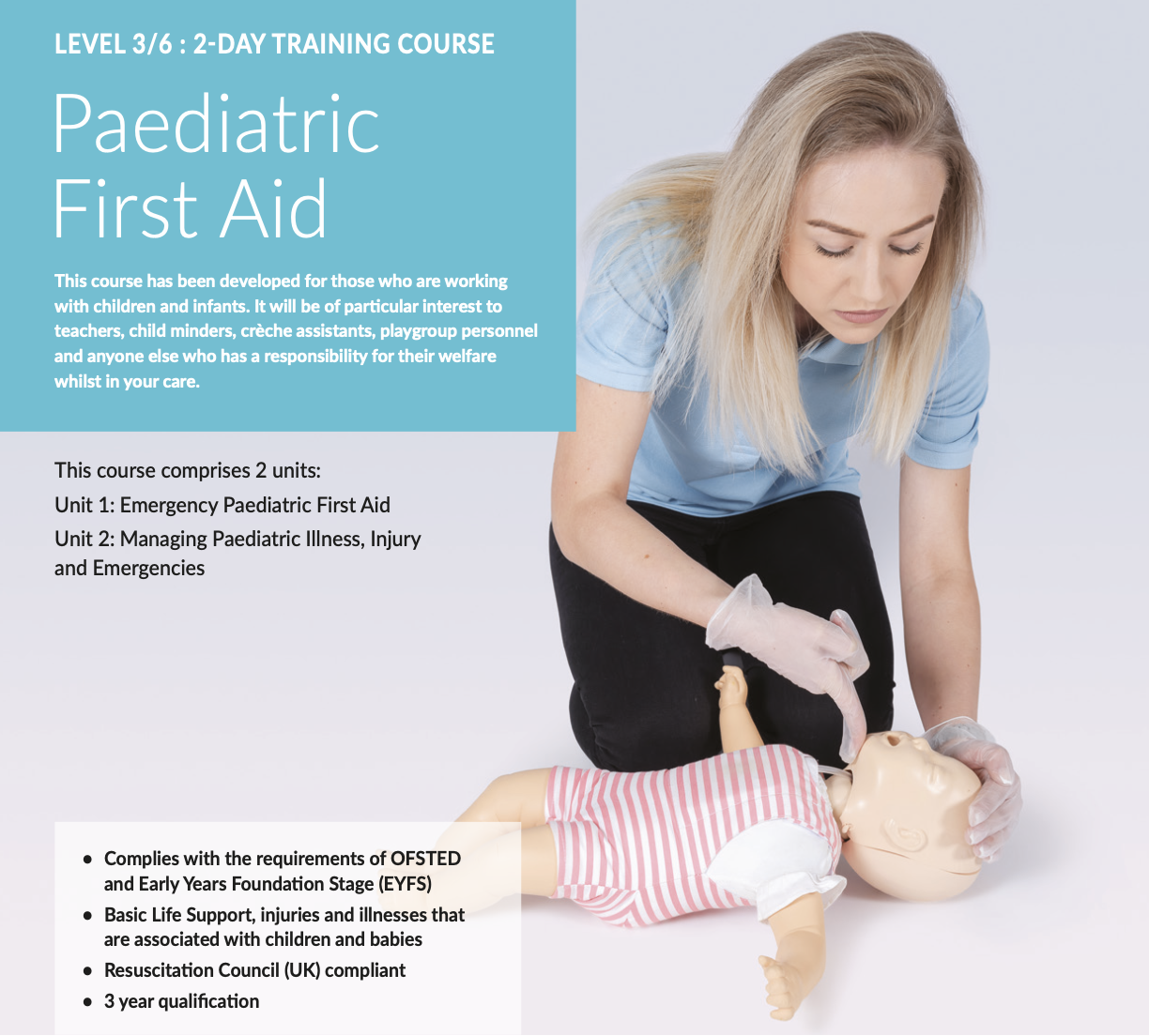 A woman practicing pediatric first aid on a baby mannequin during a training course, with informational text about the course's content and requirements.