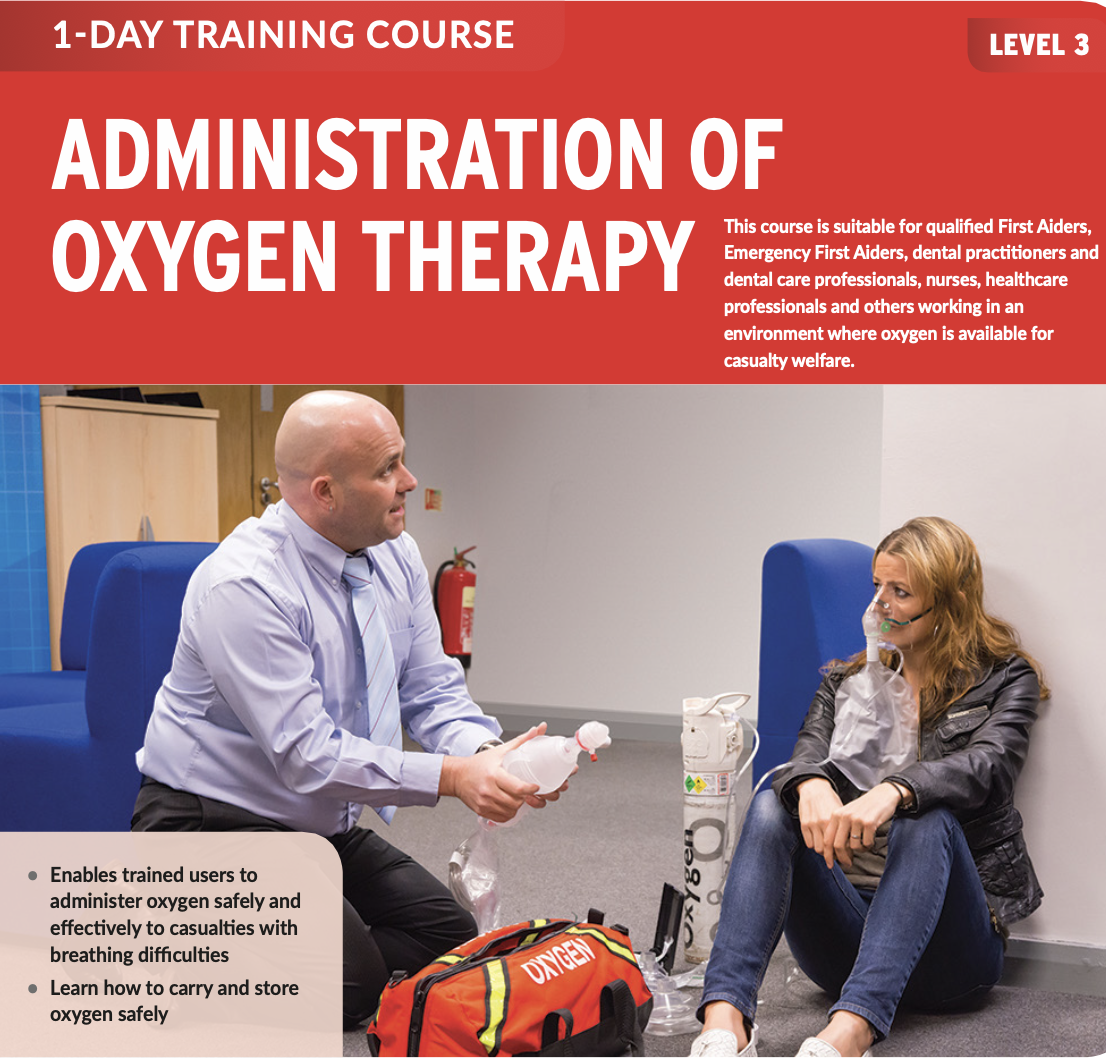 Poster for a 1-day training course on administration of oxygen therapy, showing a trainer demonstrating oxygen equipment to a woman seated on the floor, with medical supplies and oxygen tanks nearby.
