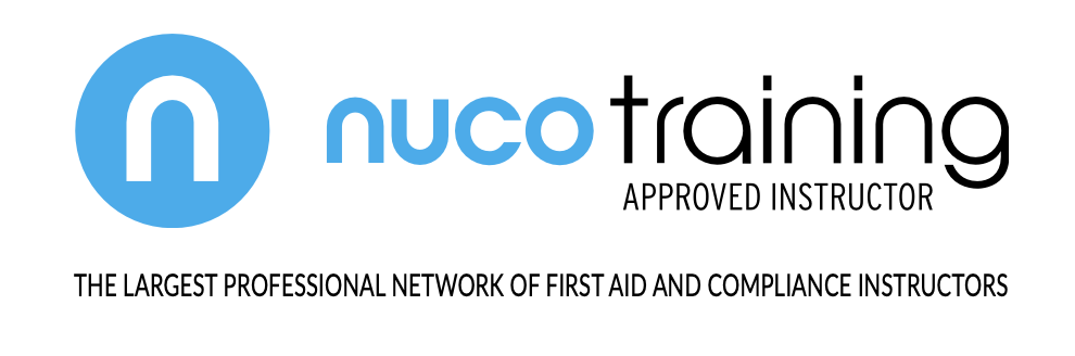 Nuco Training logo with blue circle and white 'n', and text indicating it's an approved instructor with a tagline about being a professional network of first aid and compliance instructors.