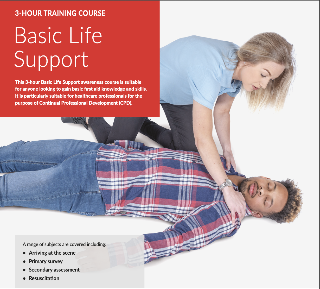 A woman in a blue shirt and black pants performing CPR on a man in a plaid shirt and blue jeans lying on the floor, with a red text box on the left promoting a basic life support training course.