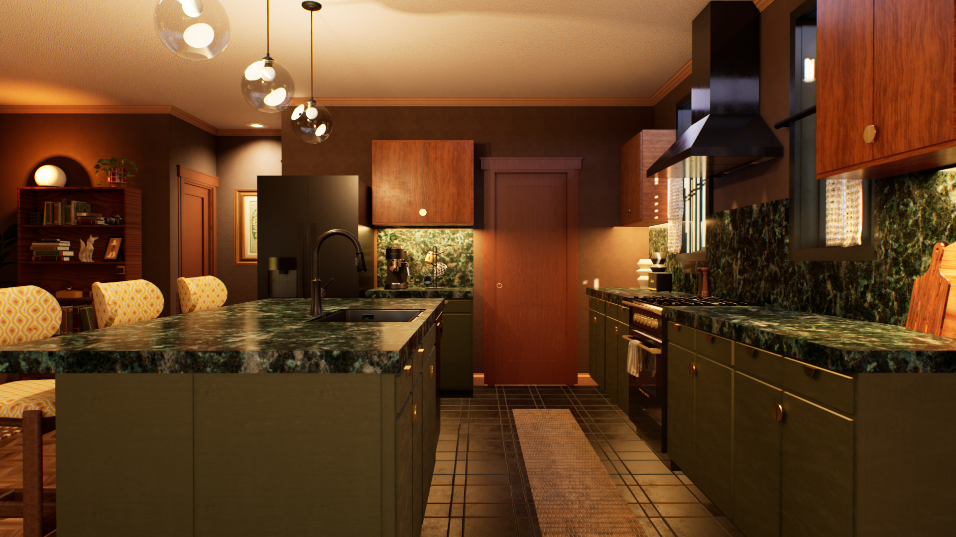 Kitchen looking toward pantry pocket door — upper and lower cabinet layout with brass hardware