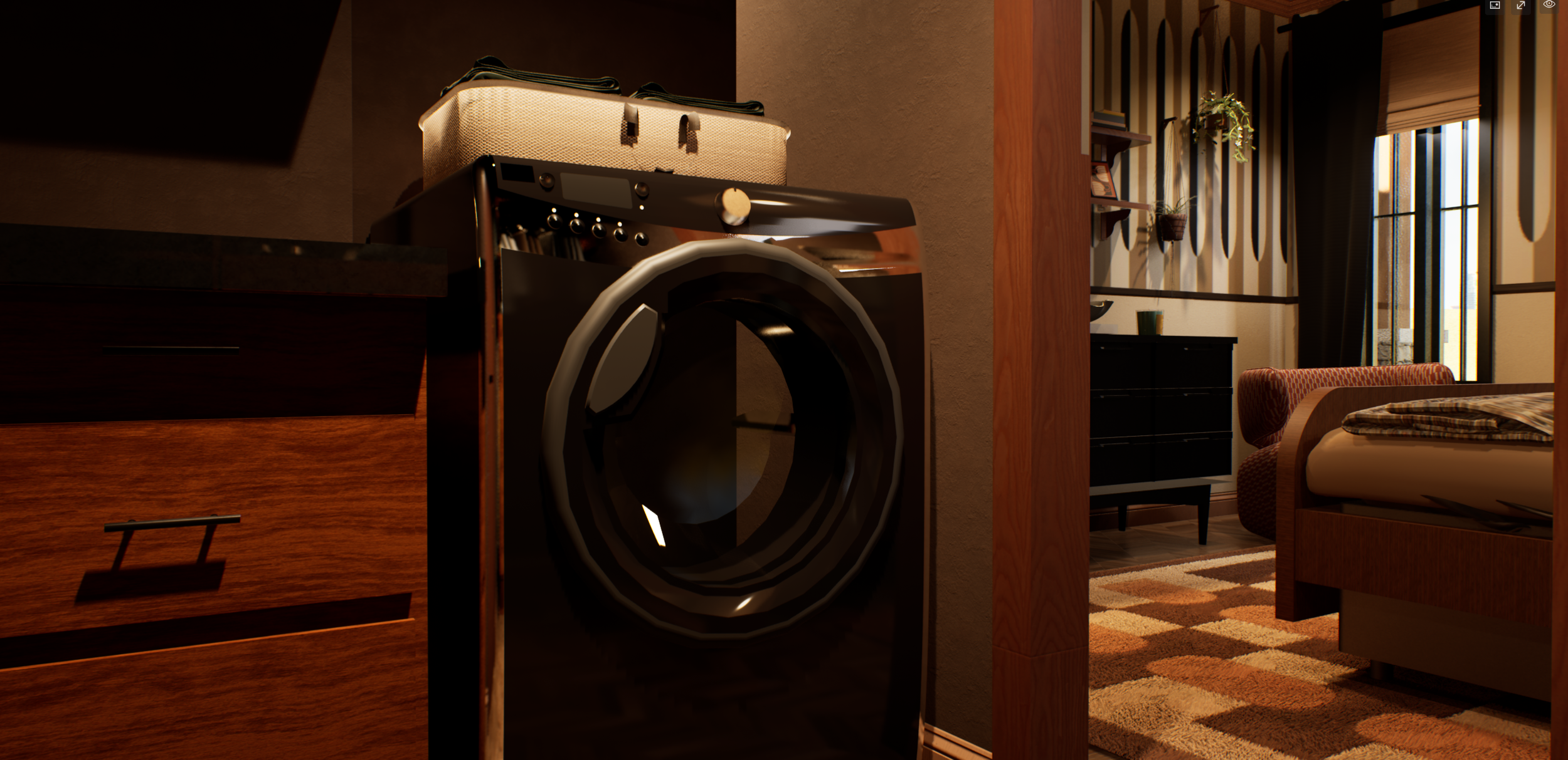 Laundry detail — washer/dryer combo unit with walnut cabinetry surround
