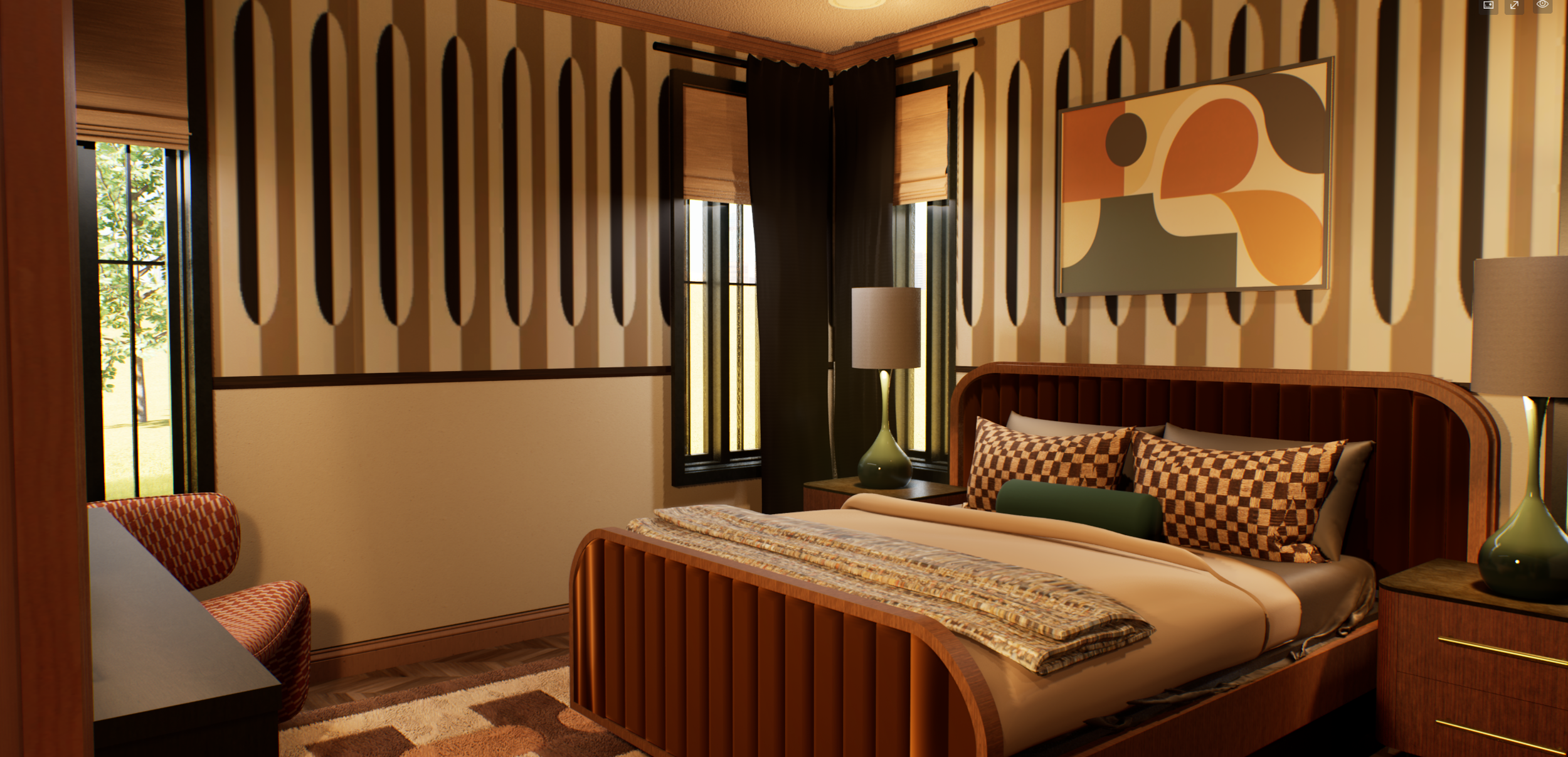 Bedroom — golden orange velvet bed frame, retro geometric wallcovering, and colorful abstract art