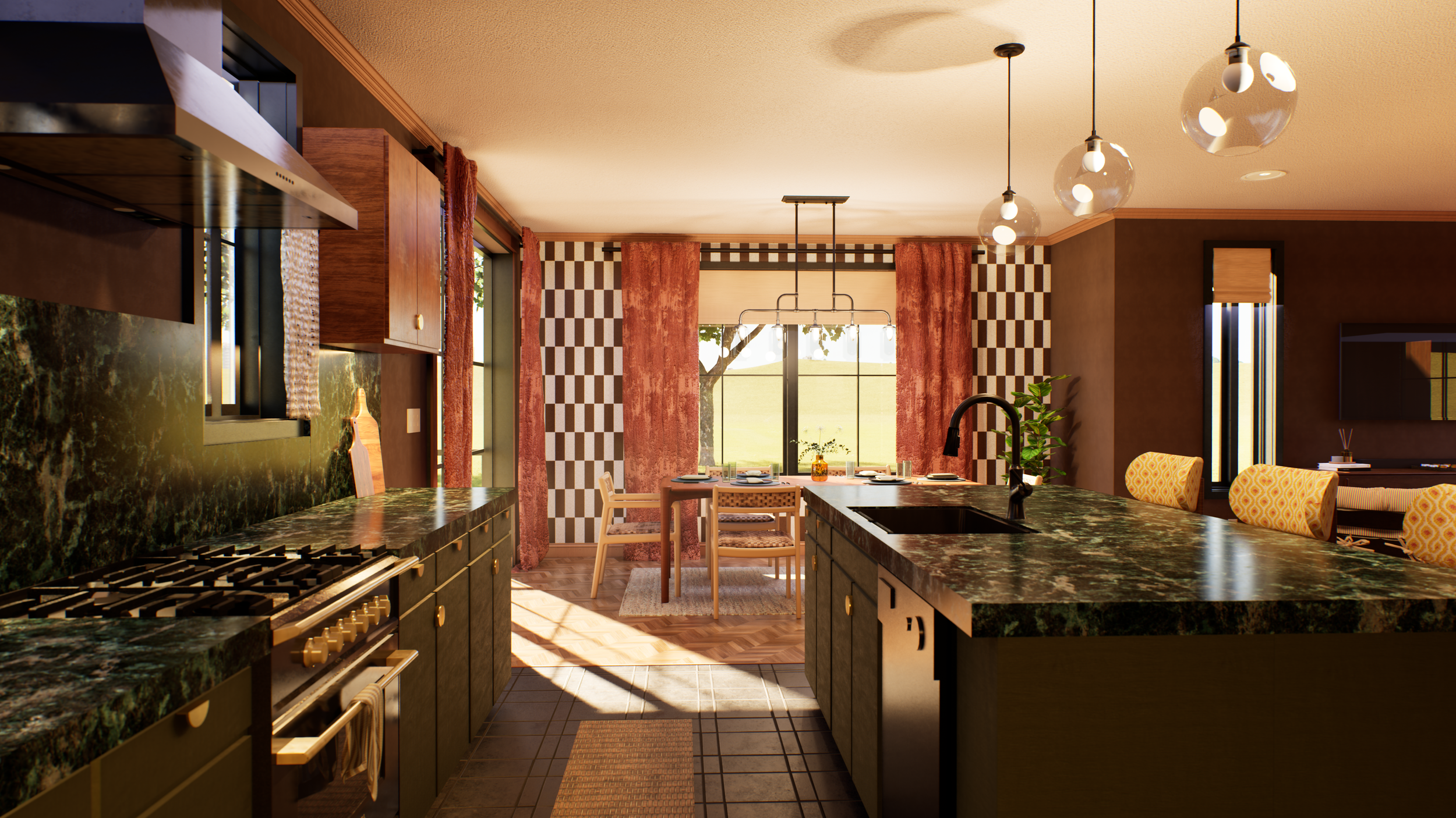 Dining area from the kitchen — pendant lighting over table, kitchen island in foreground