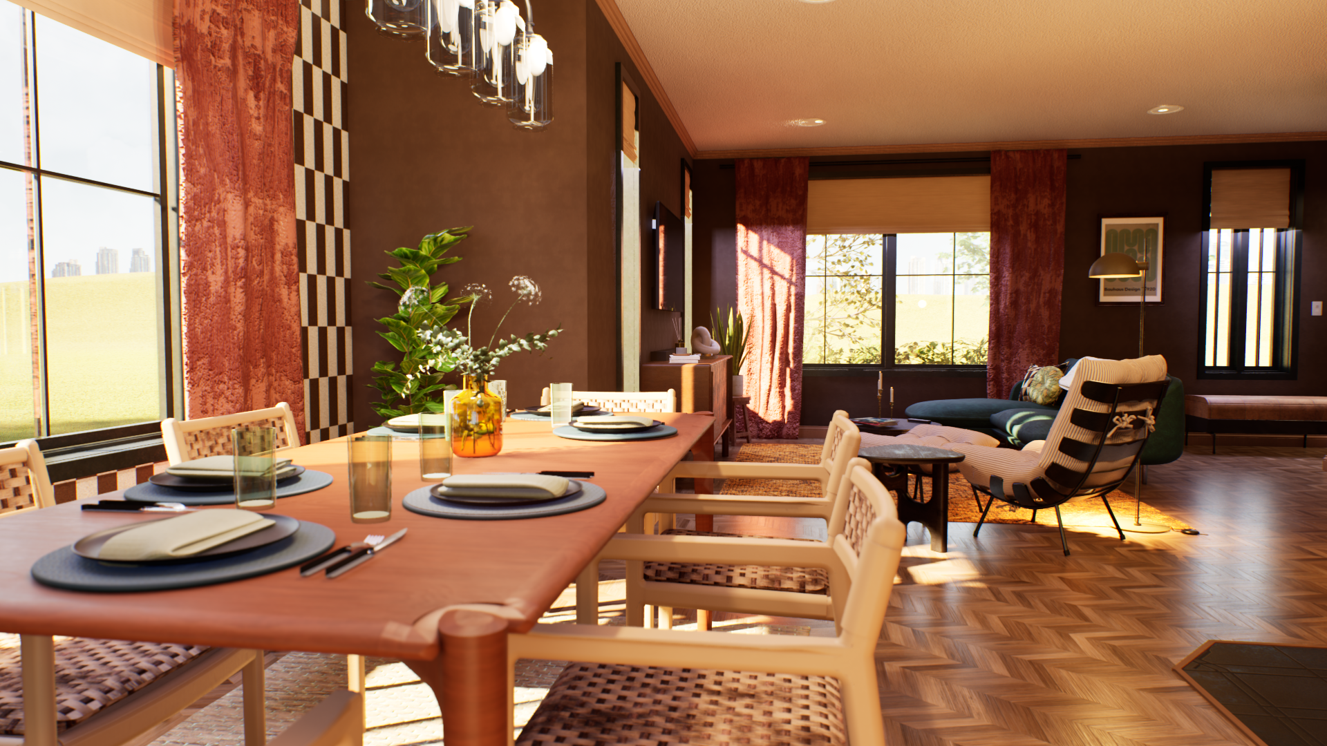 Open concept living and dining — view toward the living room showing mix of wood tones