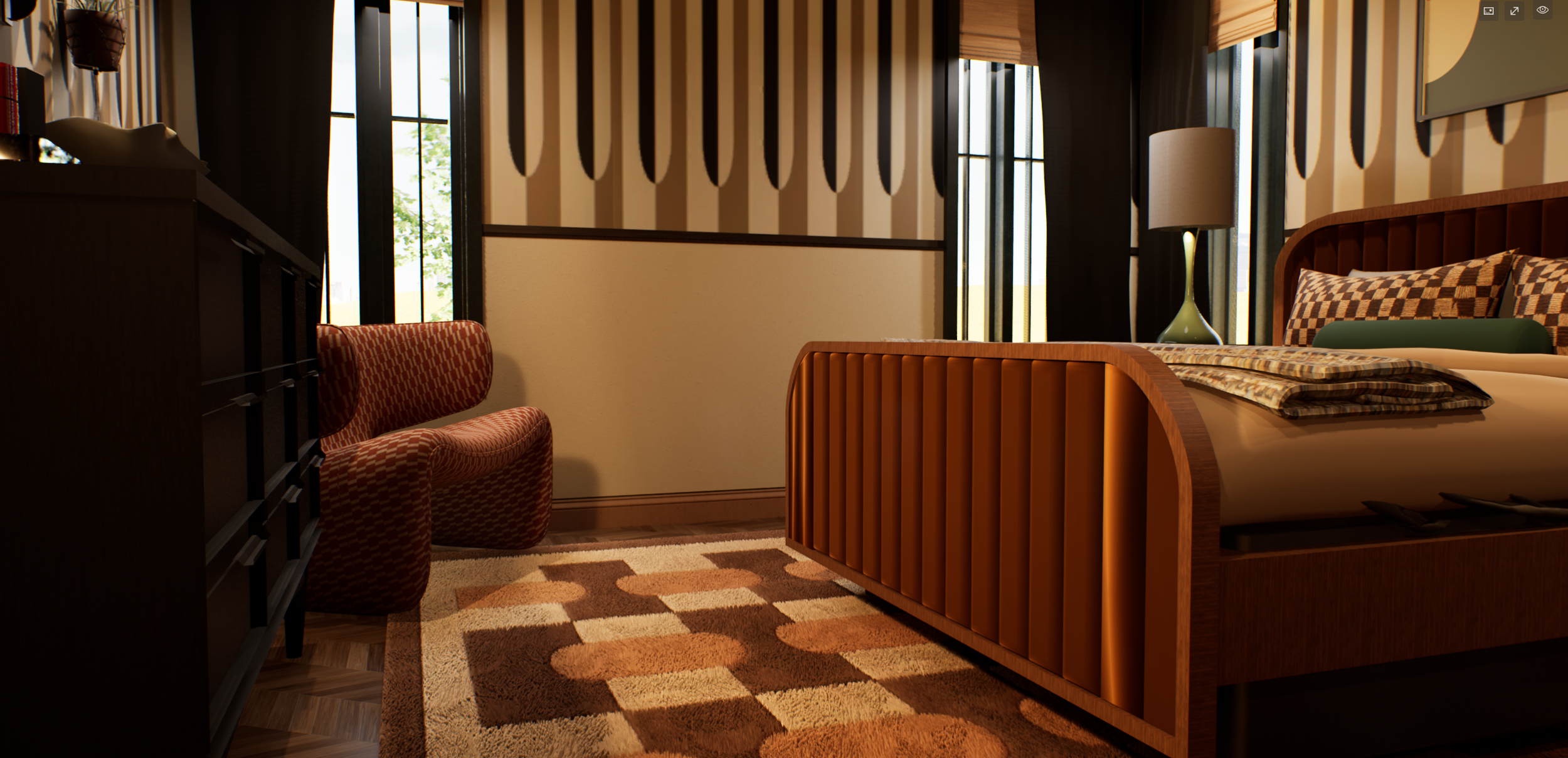 Bedroom — retro rug, geometric wallcovering, red/orange accent chair, golden orange velvet bed frame