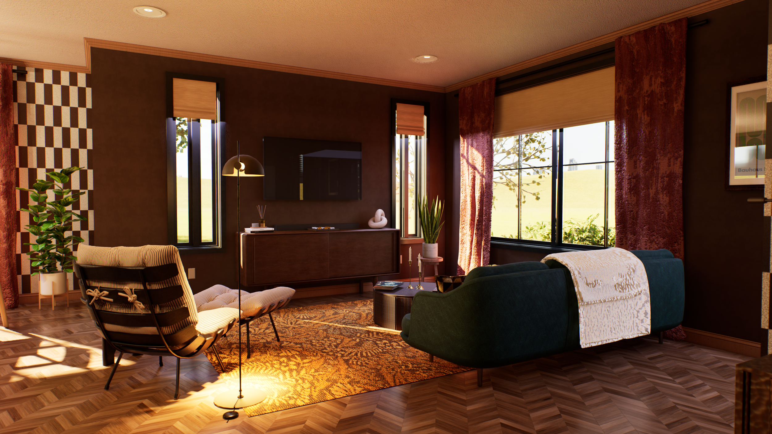 Living room looking toward the TV — teal velvet sofa, botanical rug, and checkered accent wall