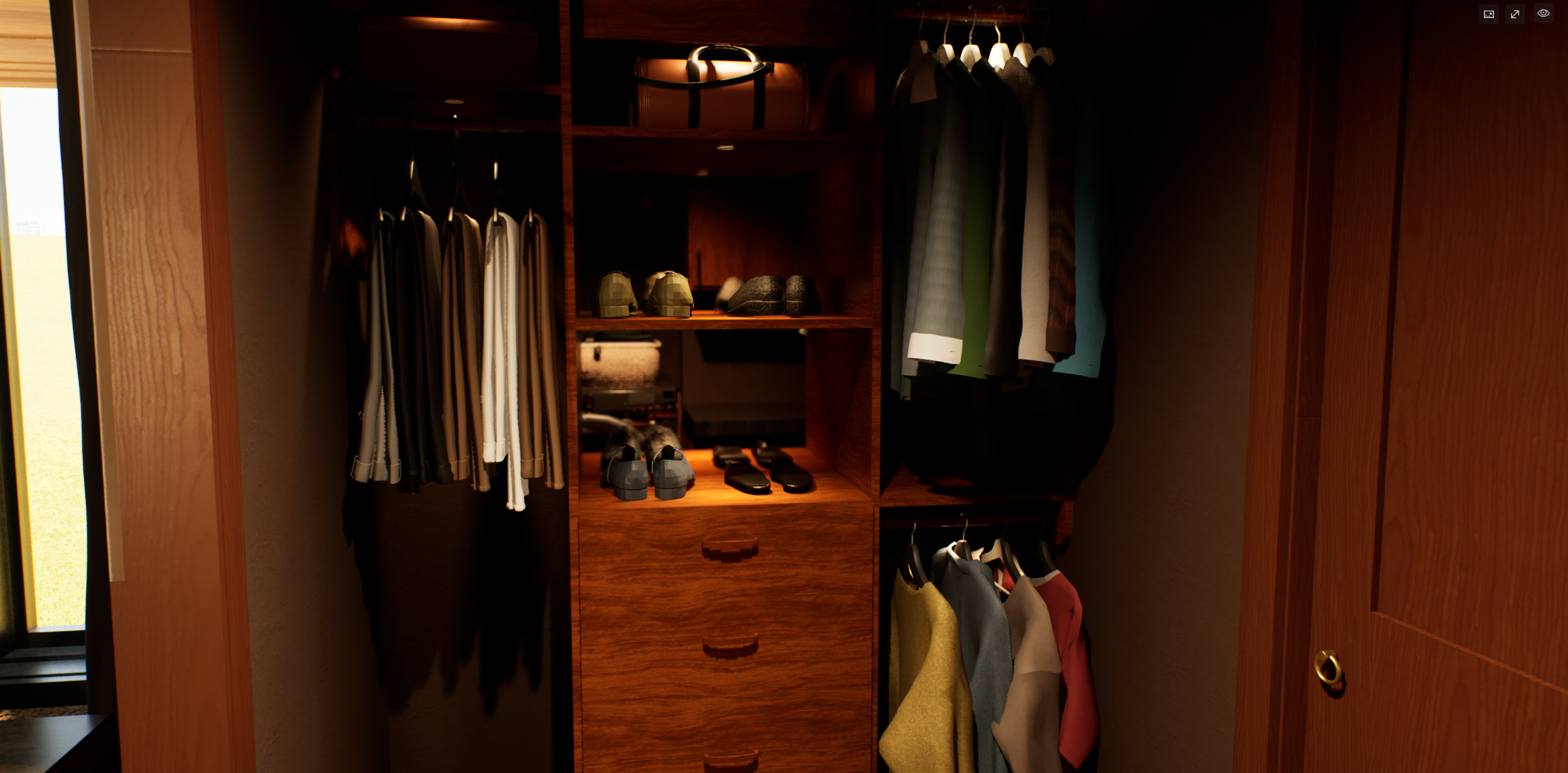 Walk-in closet / laundry — built-in shelving, hanging storage, and shoe organization with warm accent lighting