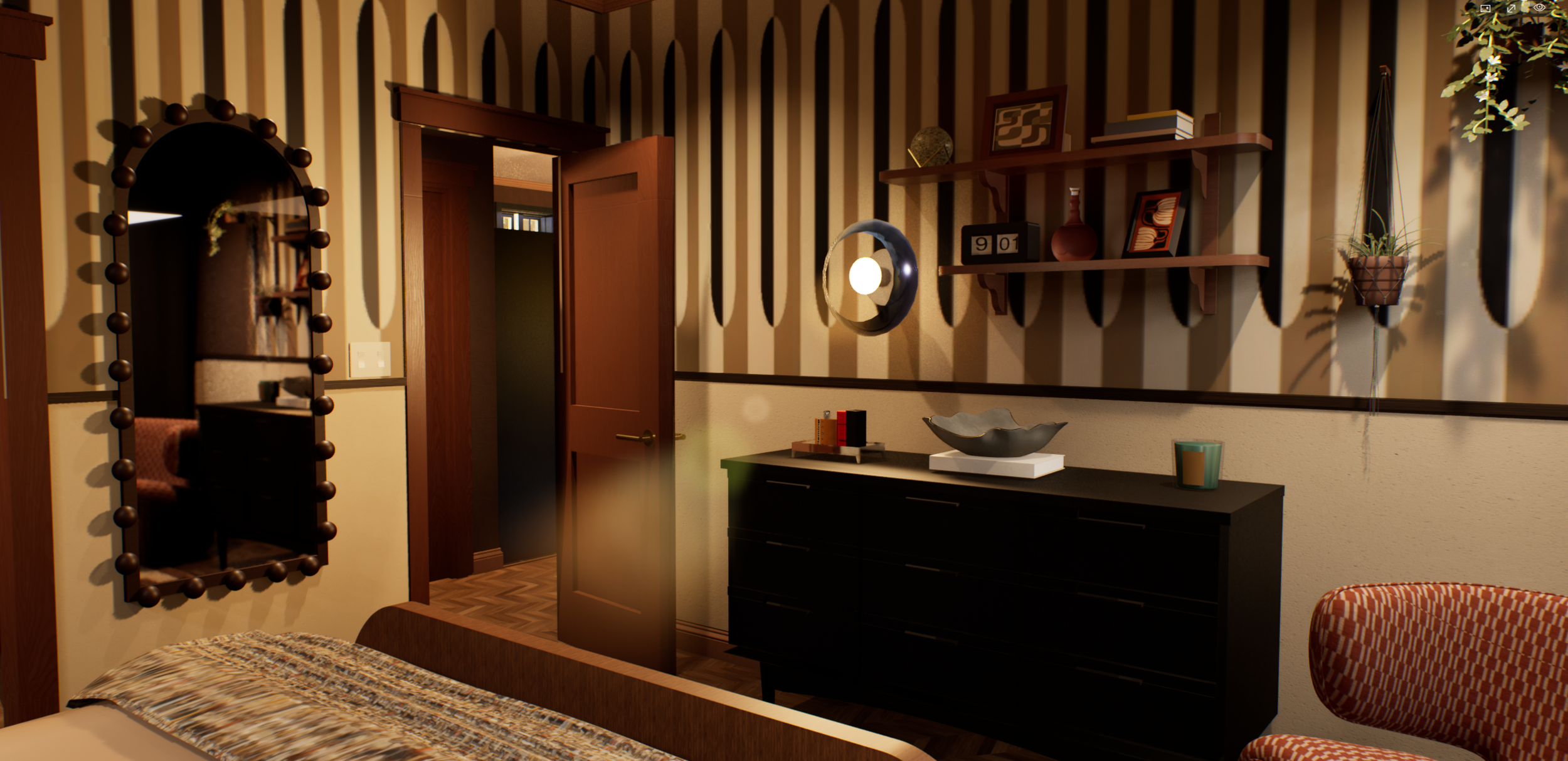 Bedroom — dark wood dresser with styled shelving, sconce light, and doorway leading to the living space