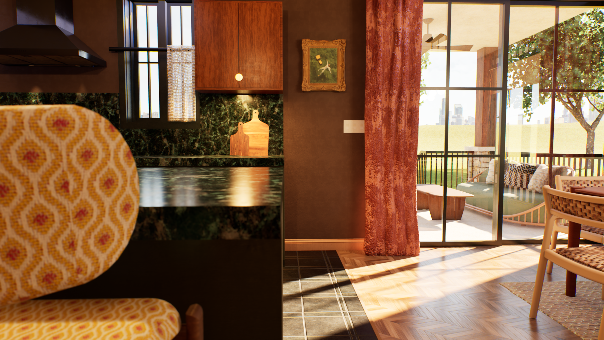 Kitchen island — looking toward the sliding doors out to the covered patio
