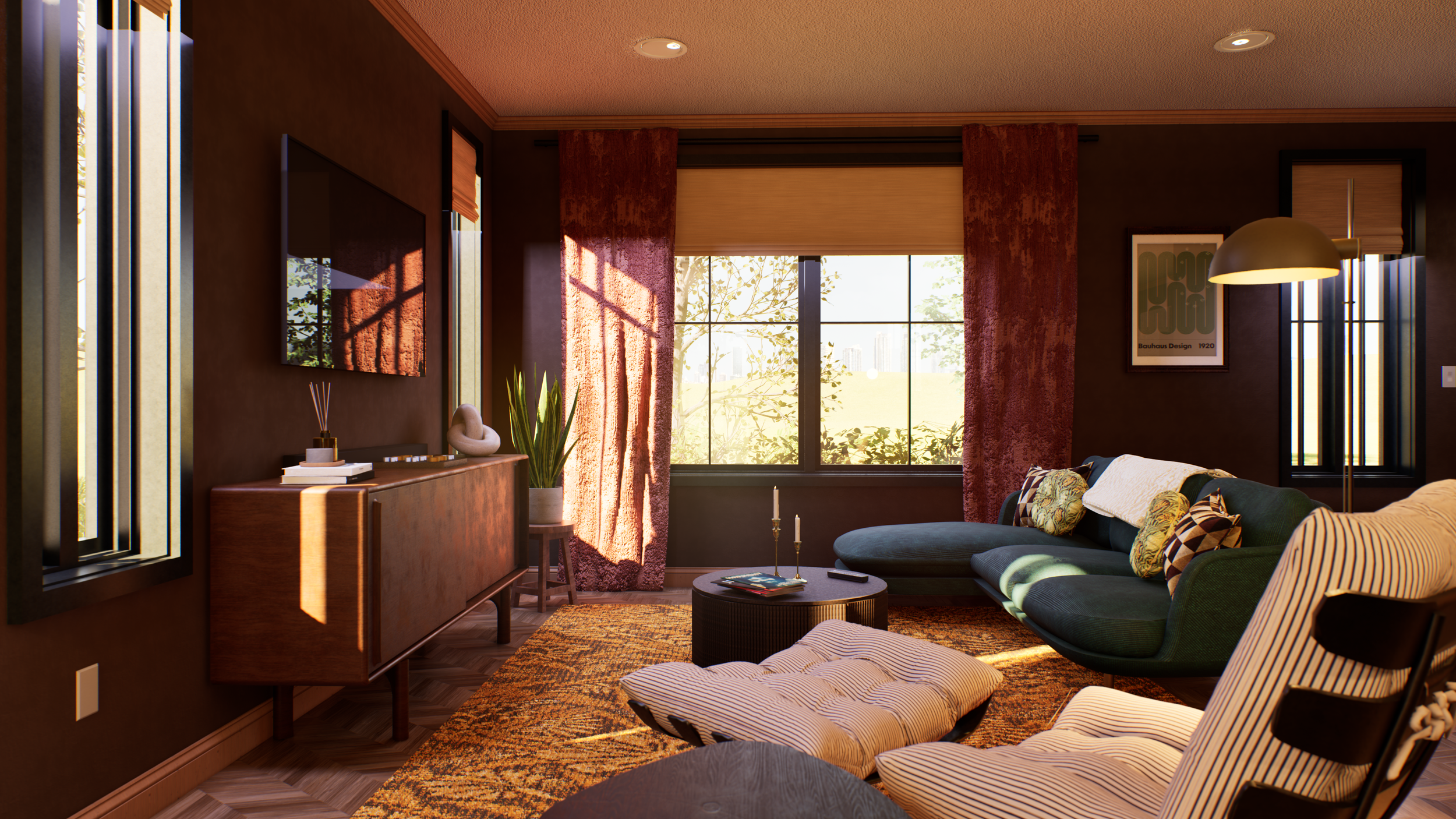 Living room — media credenza vignette, botanical rug, cushion seating, and teal sofa with botanical and geometric throw pillows