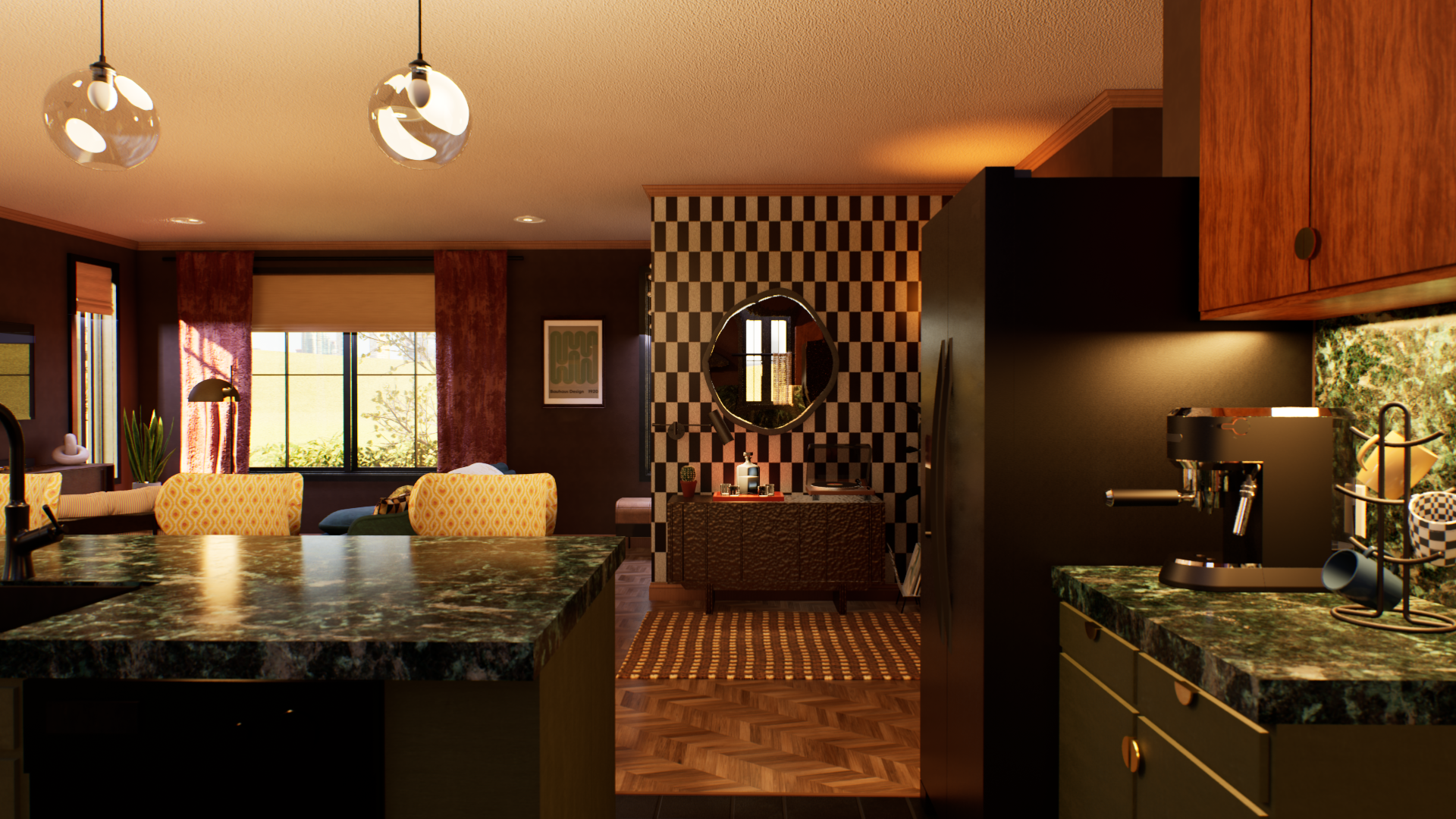 View from kitchen island toward the media nook — checkered accent wall, hammered bronze credenza, and ambient lighting vignette