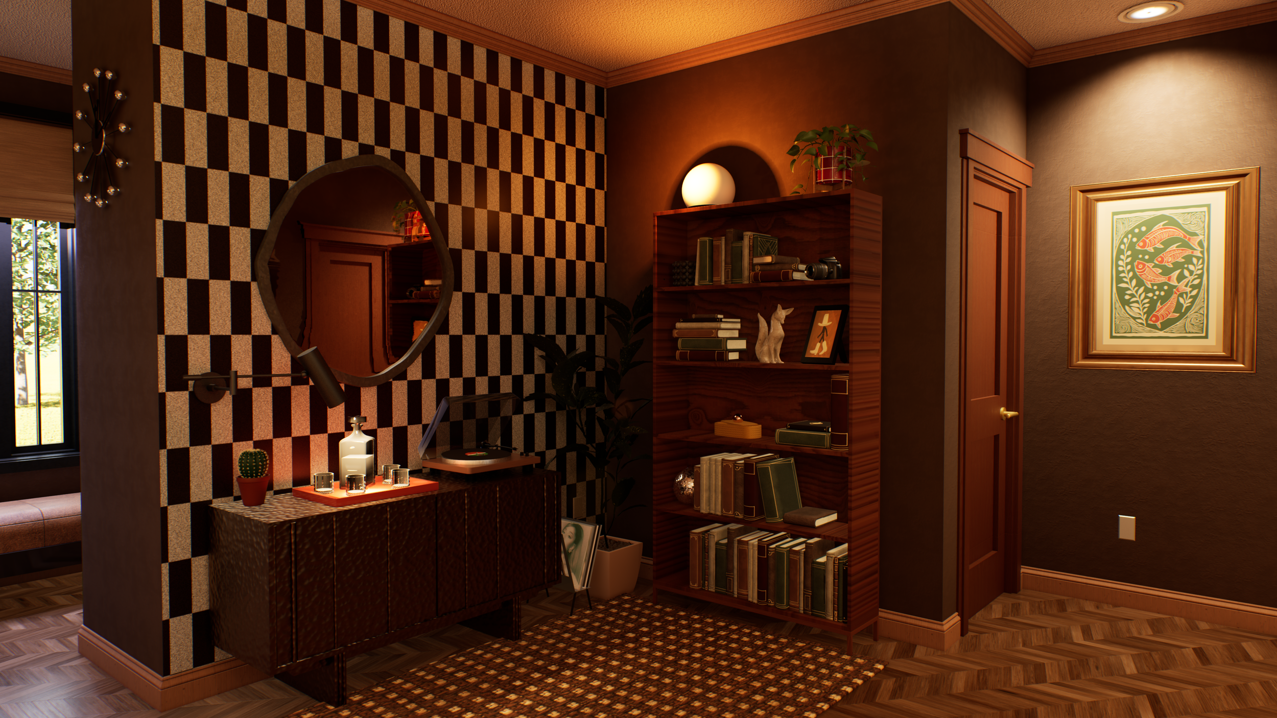 Media nook — featuring a checkered accent wall with ambient lighting