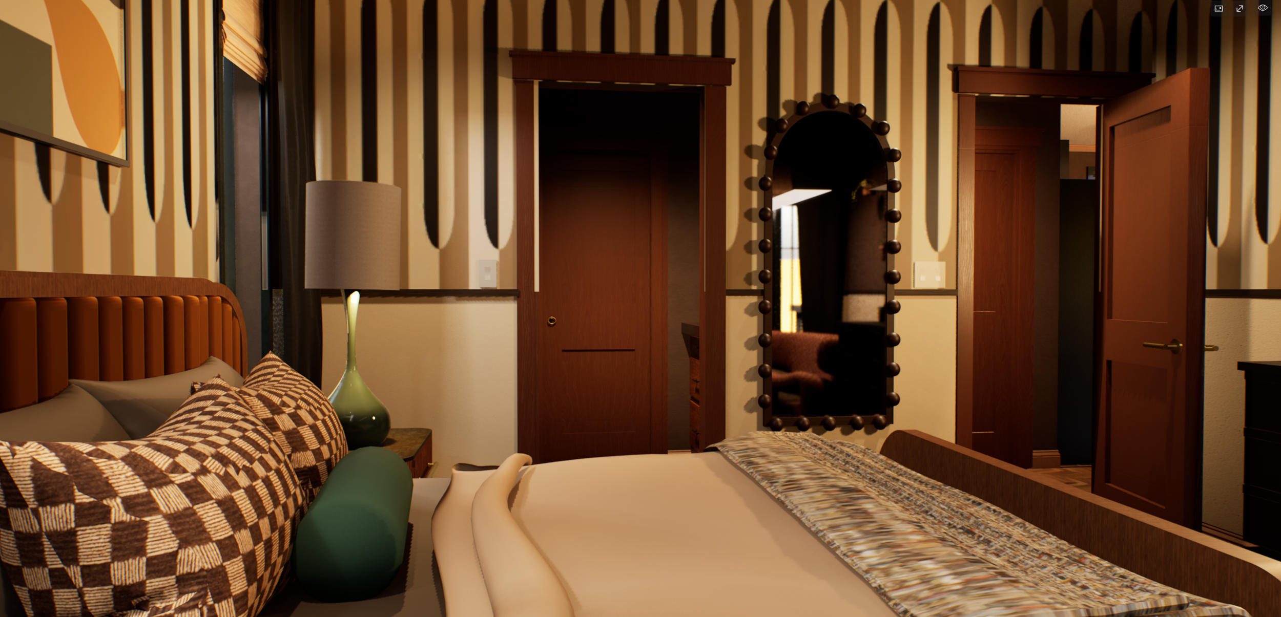 Bedroom — full length mirror, entry door, opening to walk-in closet, and bedside vignette with ceramic lamp and teal accents