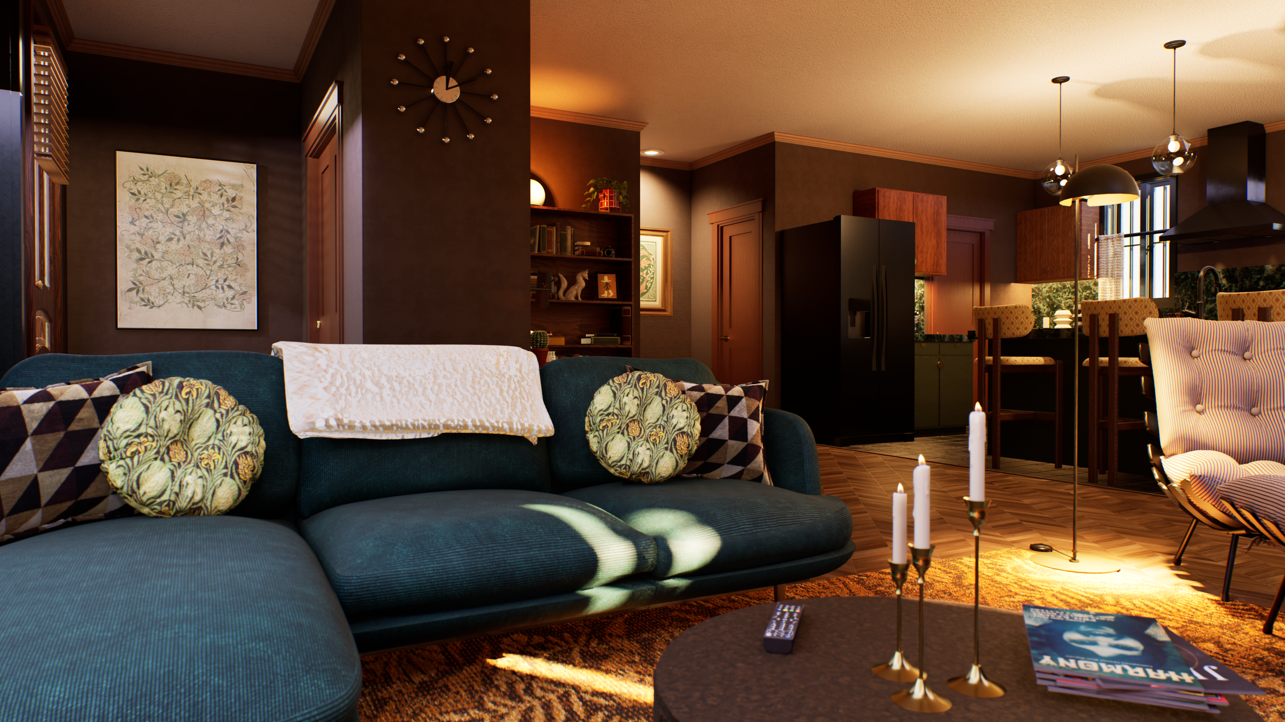 Living room alternate angle — coffee table vignette with layered textiles on the sofa