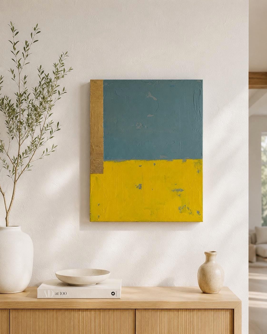 💚
16 &times; 20 inches (40.6 &times; 50.8 cm)
Acrylic and Gold Leaf on Canvas

Muted green, warm yellow, and gold &mdash;
a quiet study of contrast, texture, and light.

🌊🌼☀️

#losangeles
#contemporaryart