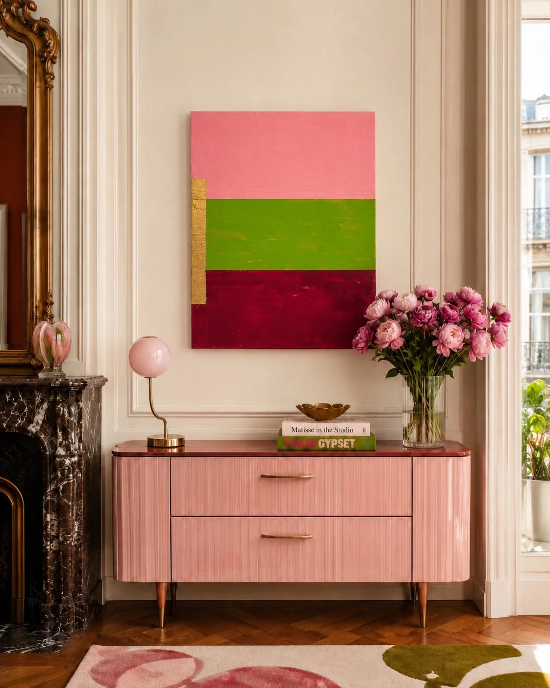 🎨 Pink, Green &amp; Gold

A playful balance of bold color and texture. Soft pink, vibrant green, deep raspberry, and hand-applied gold leaf come together in a composition that feels both modern and joyful. The layered surfaces and subtle imperfectio