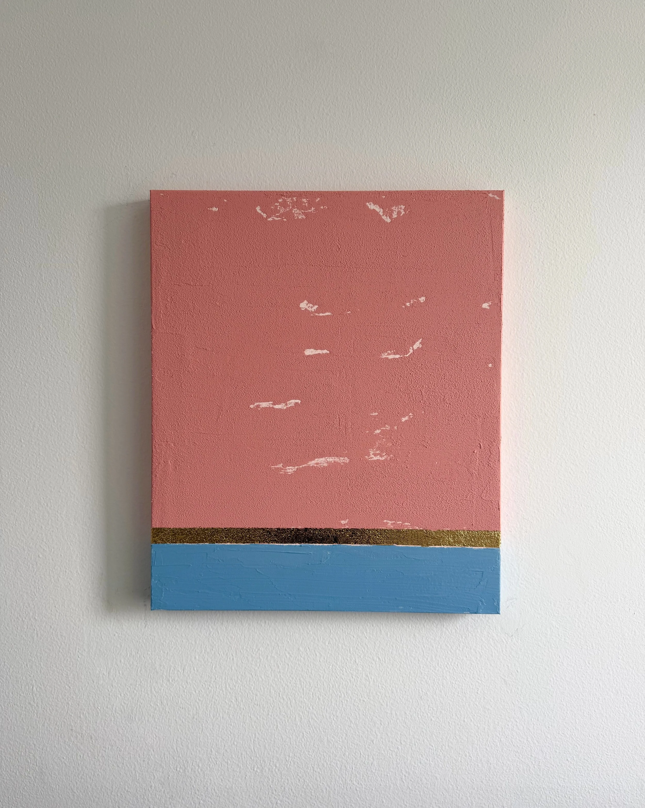 🖼️Pink Sunset

20 &times; 24 inches (50.8 &times; 61 cm)
Acrylic and Gold Leaf on Canvas

A quiet tension between softness and stillness - dusty pink suspended above a cool blue horizon, divided by a thin line of gold that holds the two in balance.
