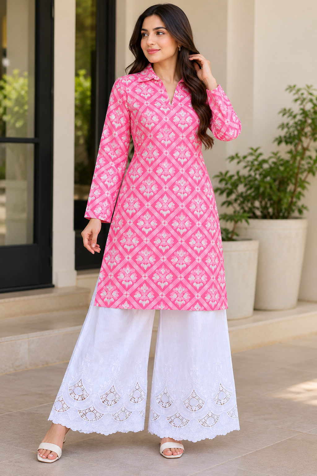 Pink Floral Kurta and Palazzo Set