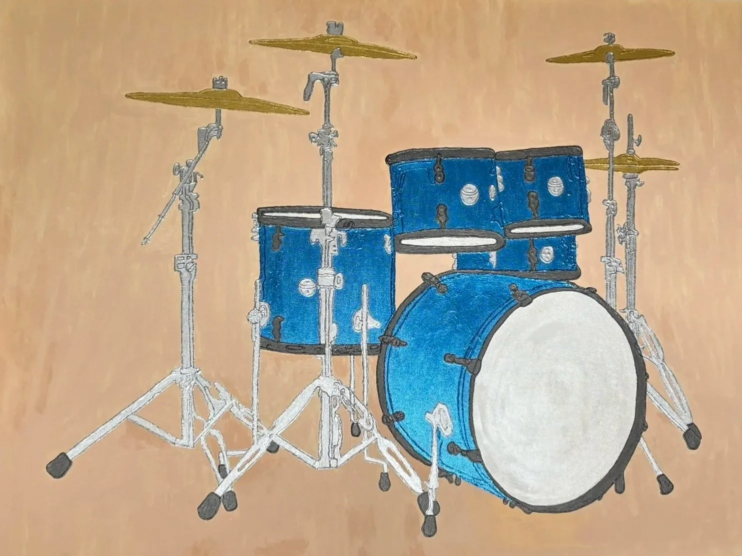 Drawing of a blue drum set with cymbals on stands, on a wooden floor.