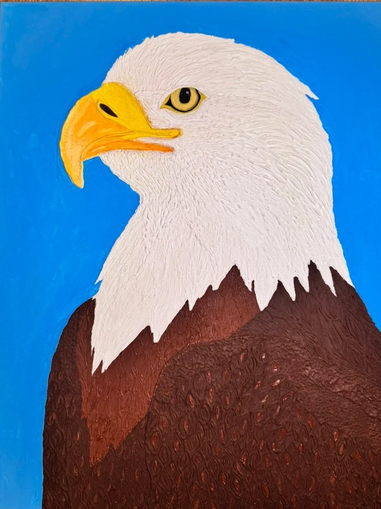 A painting of a bald eagle with a blue background, detailed feathers, and a fierce expression.