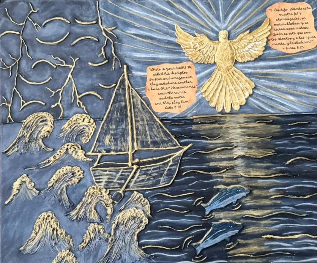 A mixed media artwork depicting a nautical scene with a sailboat, dolphins, and waves. There are stylized waves and sea creatures on a textured blue background. A golden dove with outstretched wings is in the sky, with rays emanating from it. Two orange speech bubbles with handwritten Bible verses from Luke 8:25 are also present.
