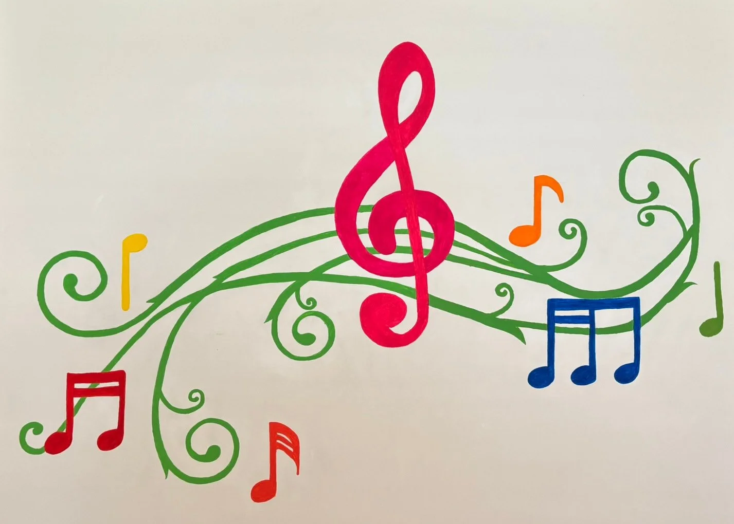 Colorful musical notes and swirls on a white background, with a large pink treble clef in the center and smaller notes in red, orange, yellow, blue, and green.