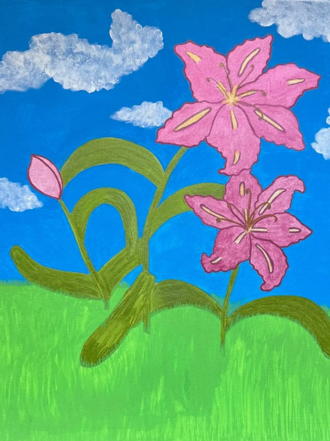 Colorful drawing of pink lilies with green leaves and stems, set against a blue sky with white clouds and green grass.