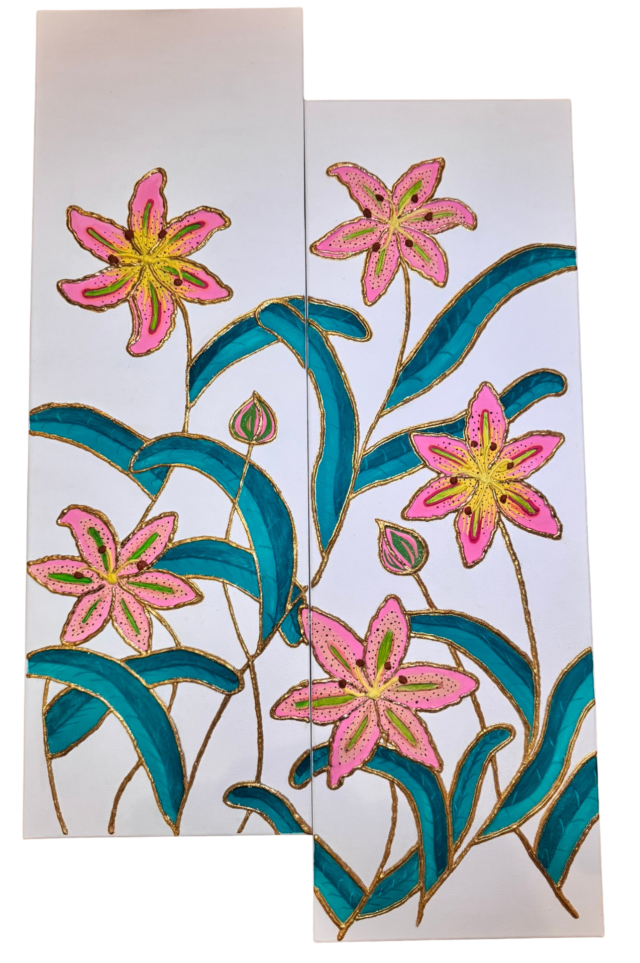 Decorative artwork of pink lilies with green and black accents, and blue leaves outlined in gold on a white background.