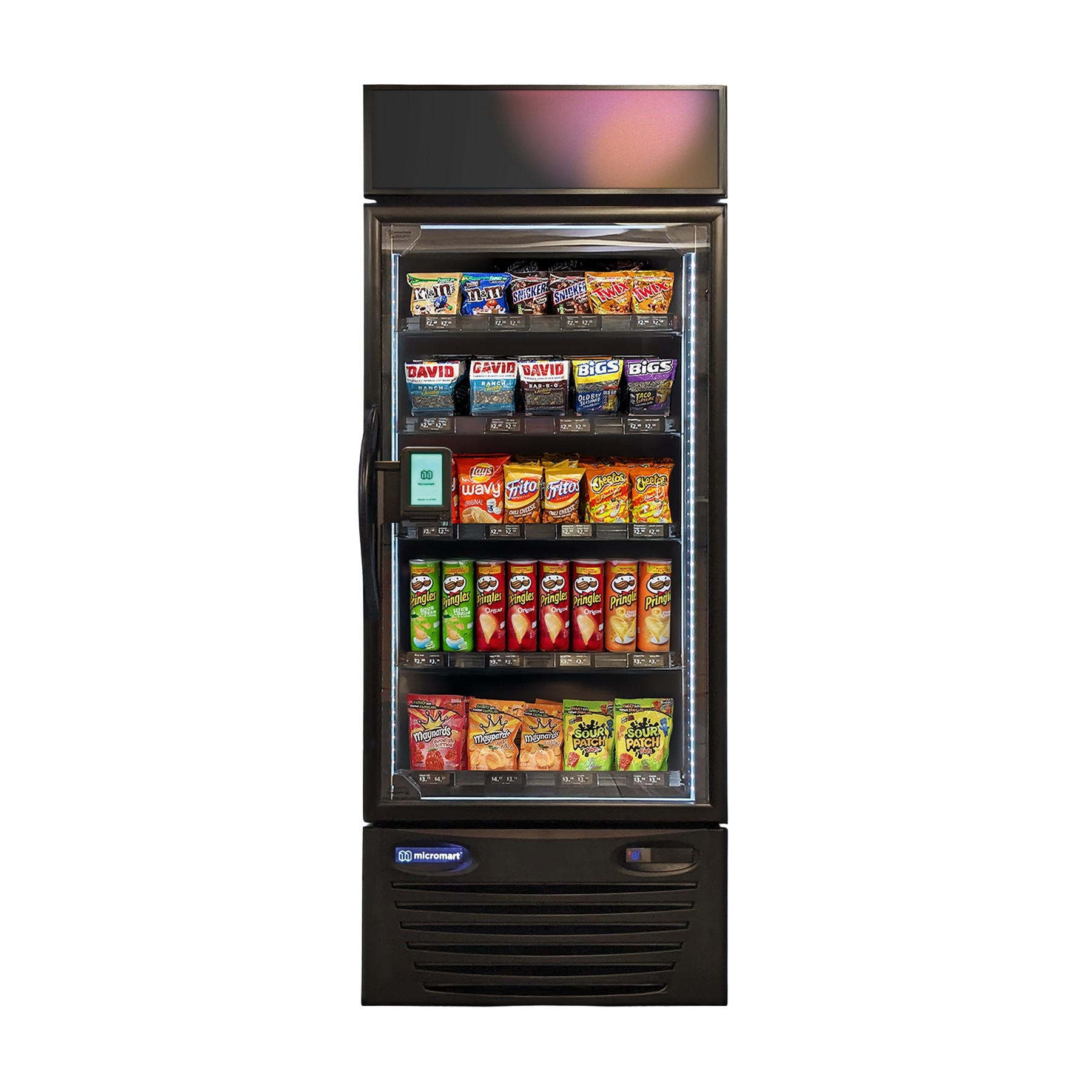 Vending machine stocked with snack foods including chips, candy bars, and cookies.