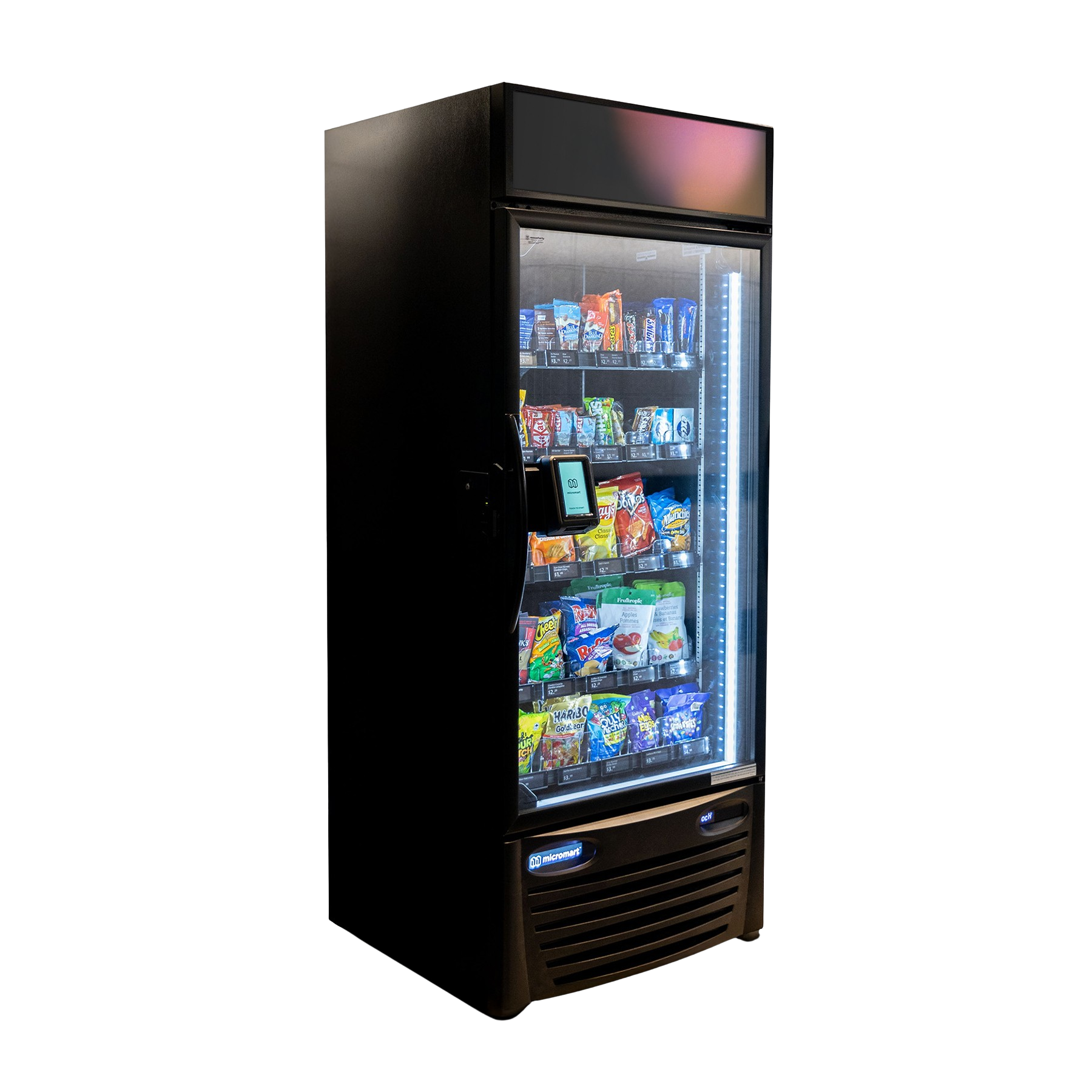 Vending machine with various snacks inside, including chips and chocolates, with a digital payment screen on the side.