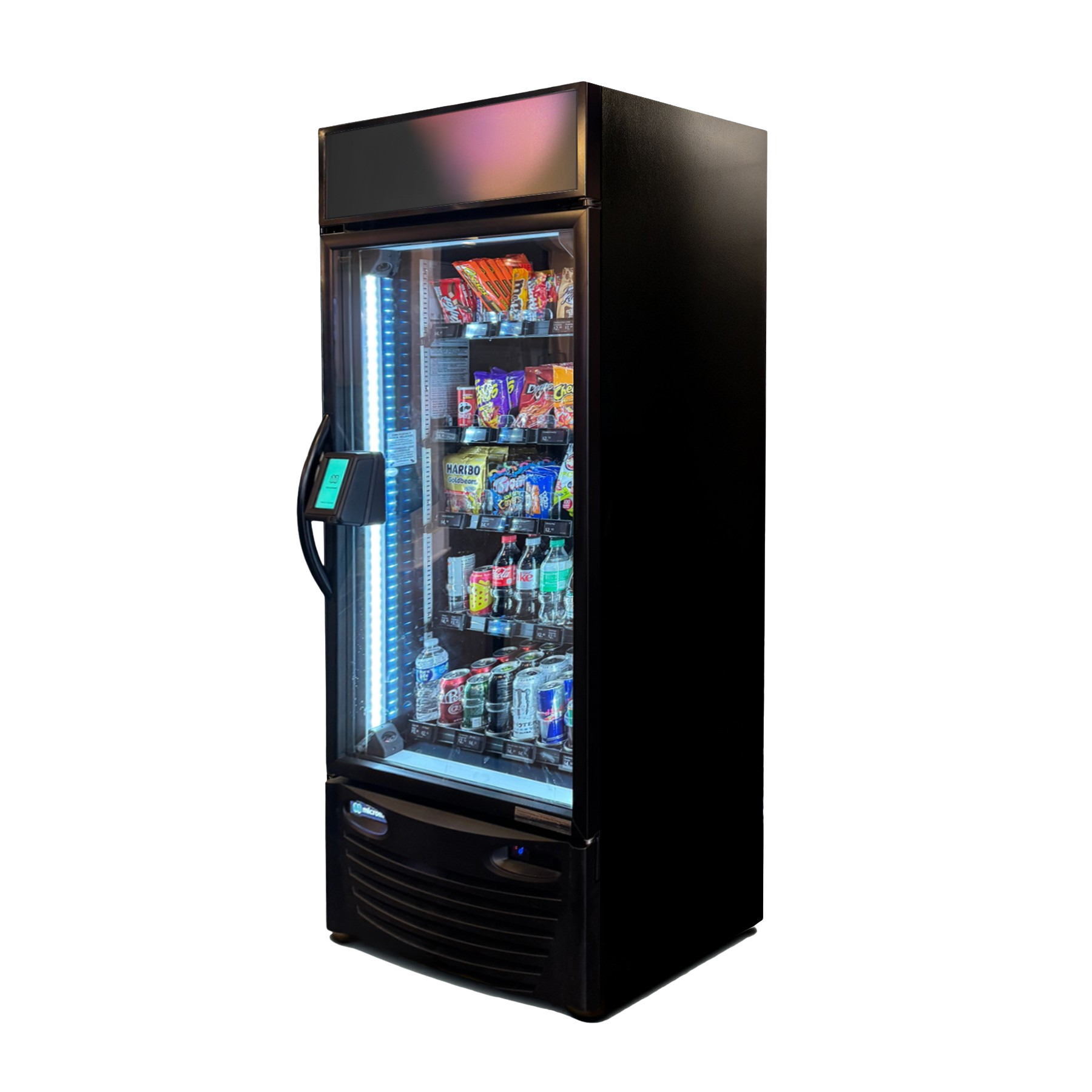 Black vending machine with snacks and beverages inside, digital payment panel on the left side.
