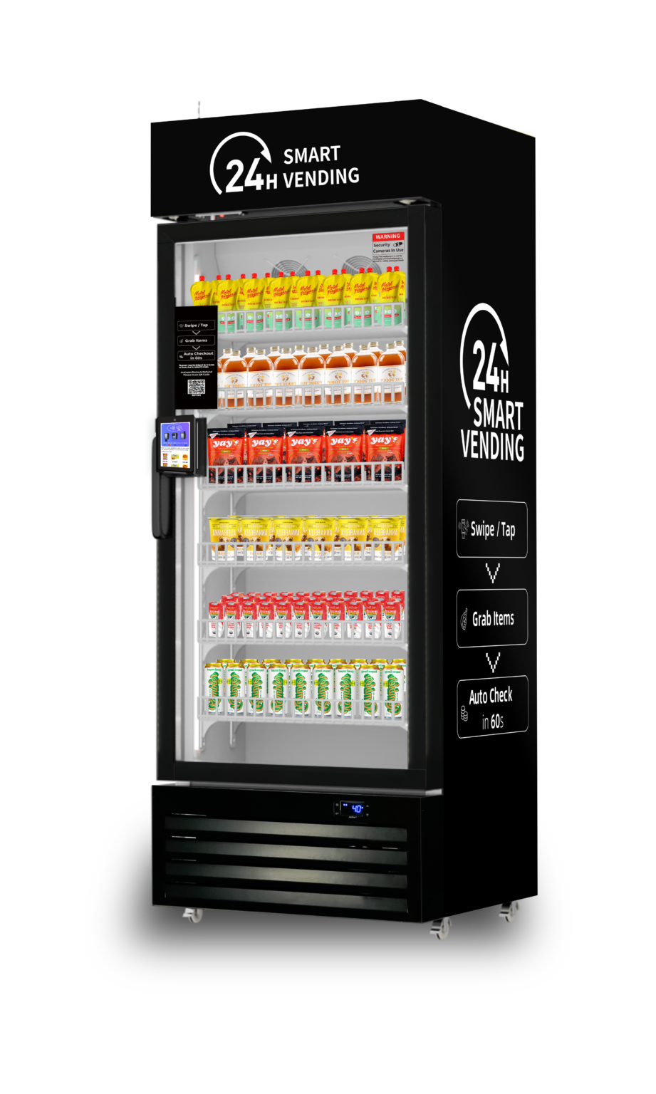 An automatic vending machine stocked with beverages, snacks, and cleaning supplies, with a digital payment panel, a monitor, and signage indicating 24-hour smart vending services.