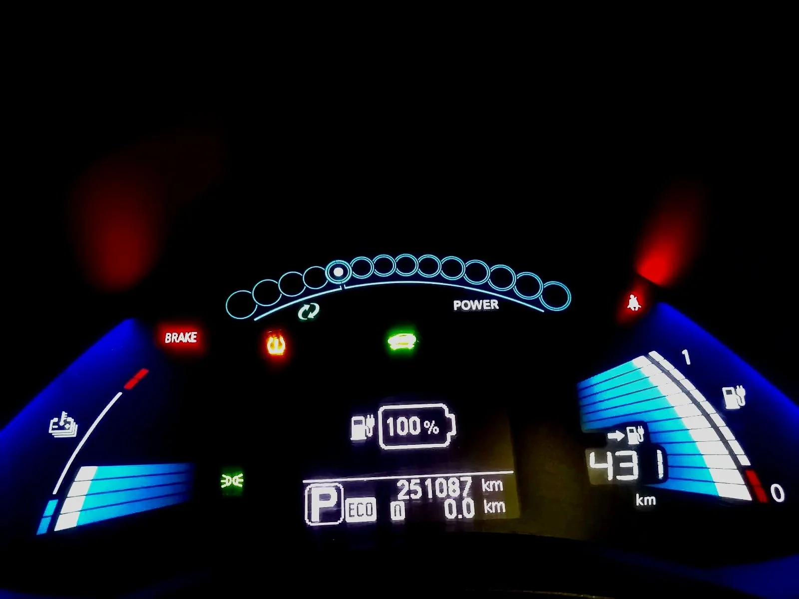 Digital car dashboard showing high battery charge, 100%, 431 kilometers