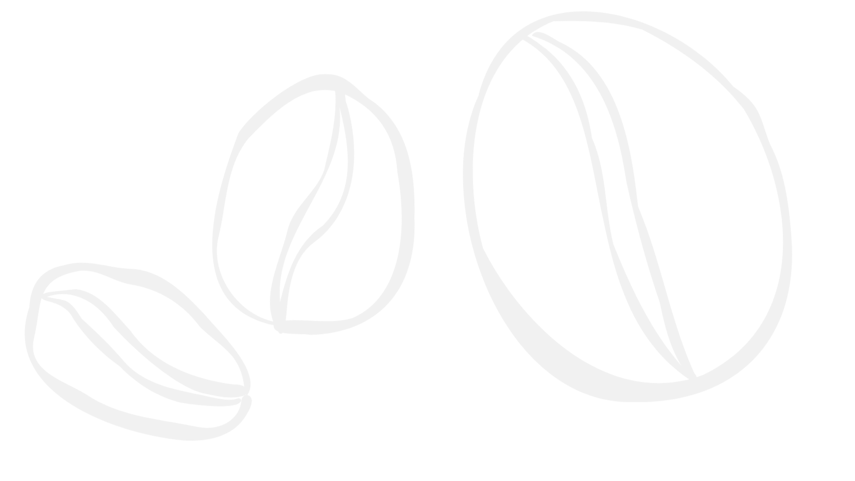 Line drawing of three coffee beans, two on the left and one on the right, all outlined in white on a black background.