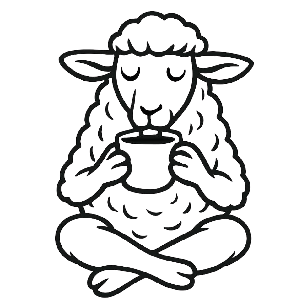 Line drawing of a sheep sitting cross-legged and holding a mug.
