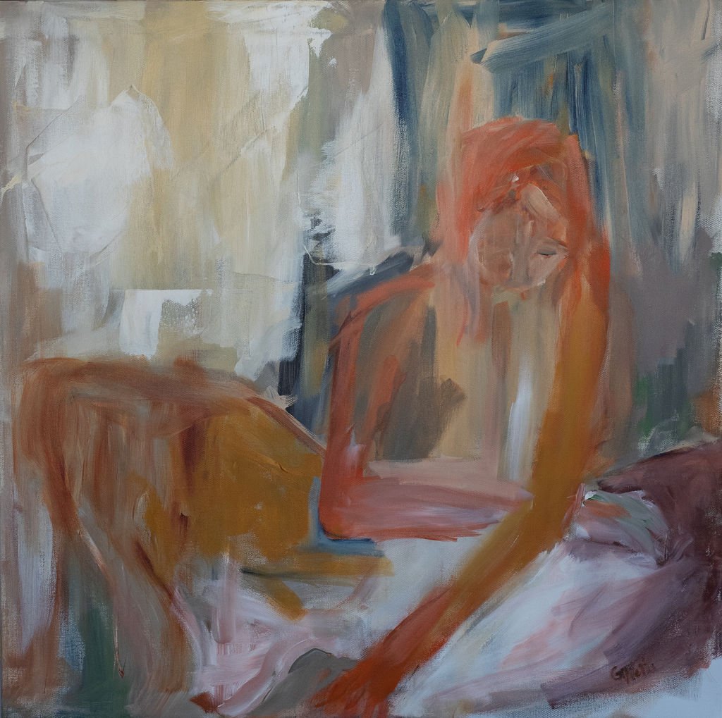 acrylic, female sitting, contemporary figure, abstract figure, impressionistic figure