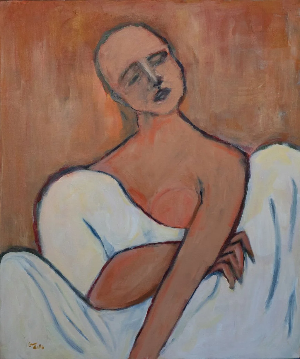 acrylic, contemporary art, abstract figure, female sitting