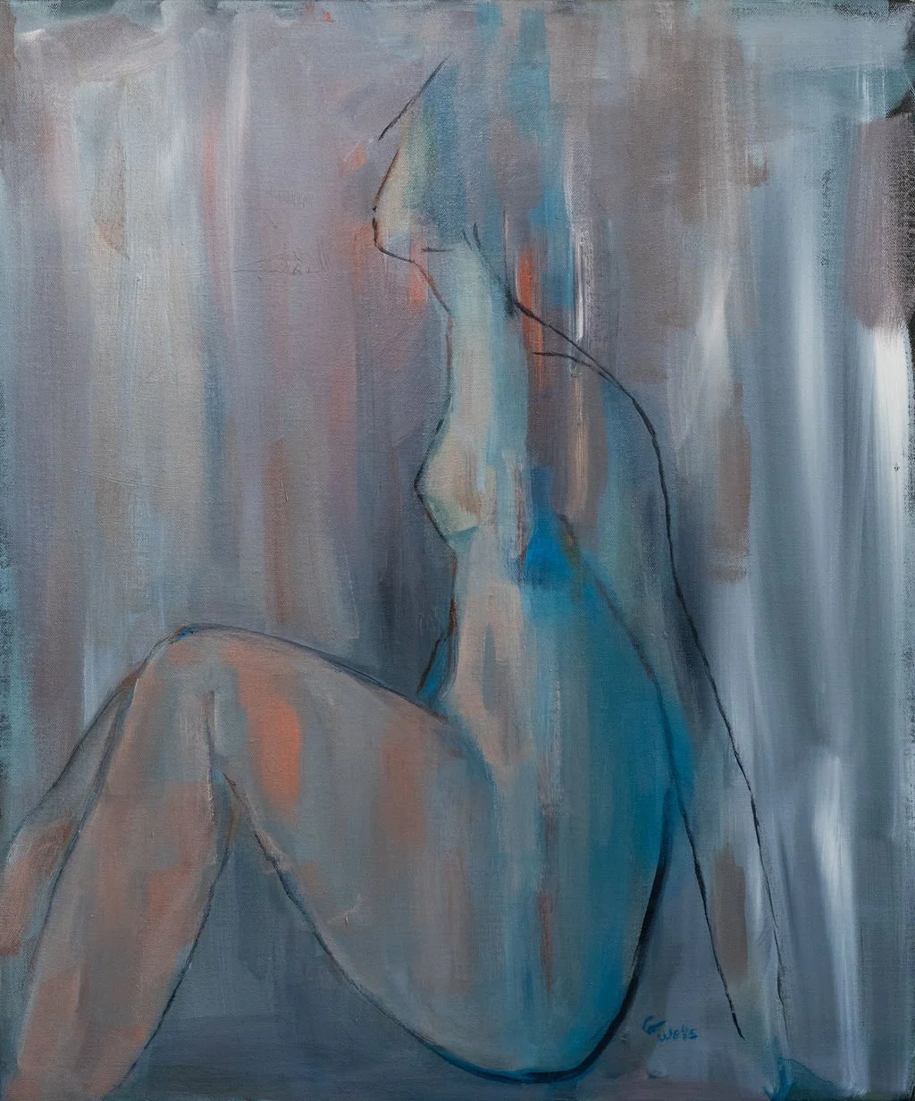 acrylic, abstract female sitting, abstract female nude, contemporary art