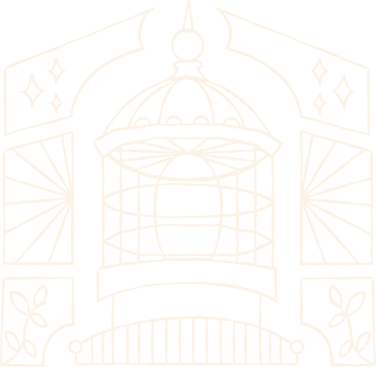 Handdrawn white Lantern Room logo with a lighthouse and doodles