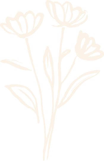 Light line drawing of three flowers with leaves